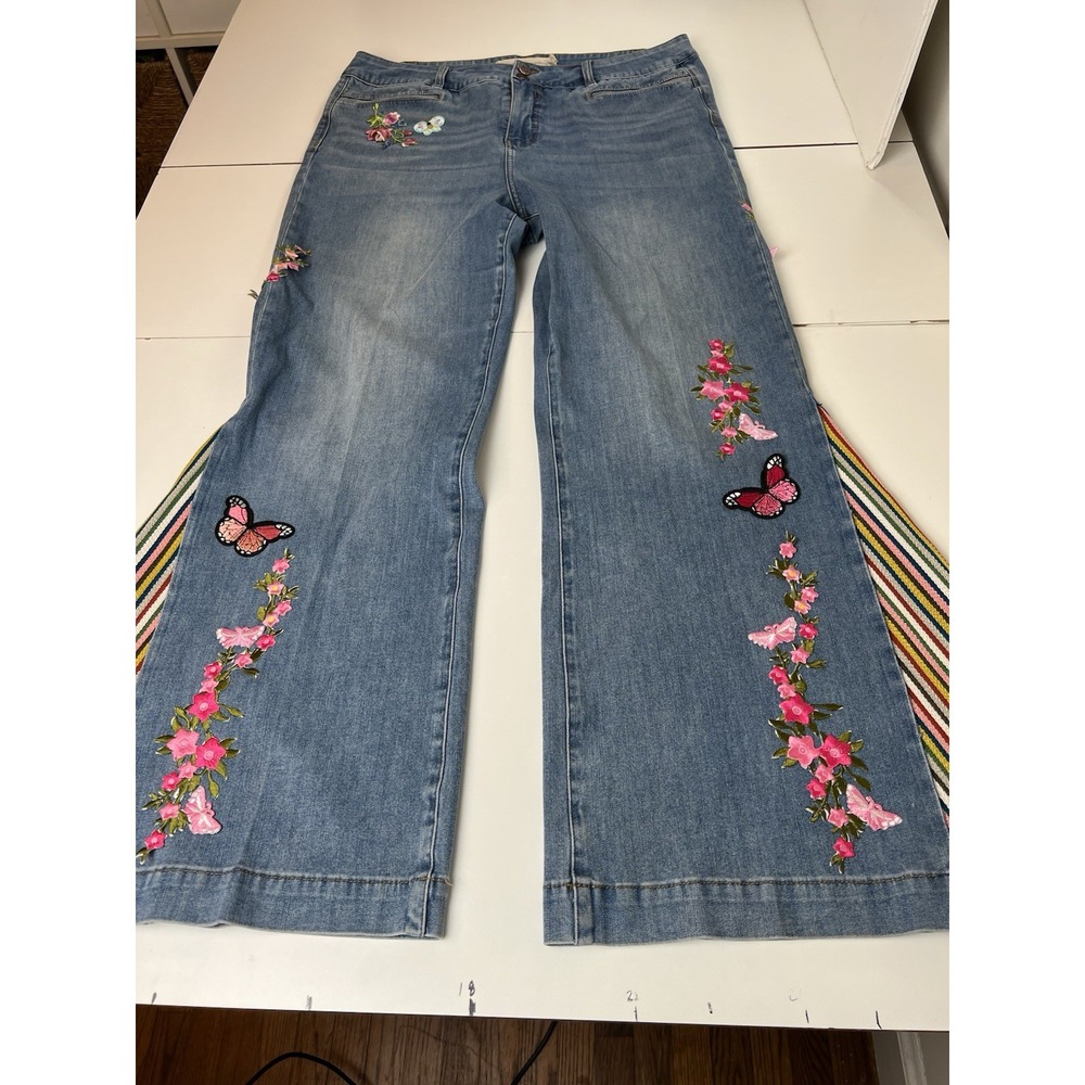 Soft Surroundings The Ultimate Trouser Jeans Modified Hippie Butterfly Flower 16
